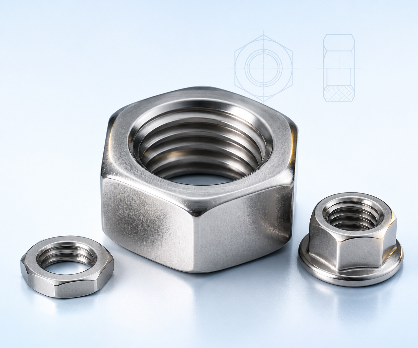 Stainless steel hex nuts and locking nuts