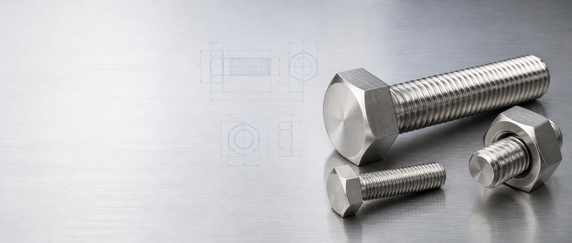 Stainless steel hex bolts with technical engineering drawings