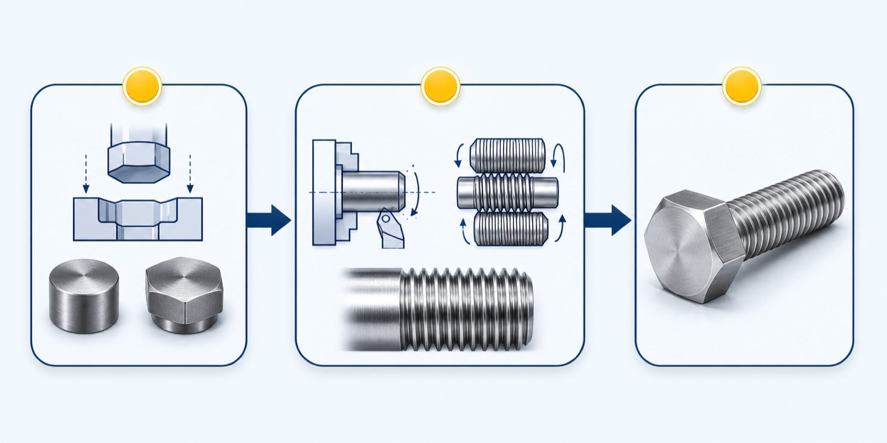 Stainless steel fastener forming machining and threading process