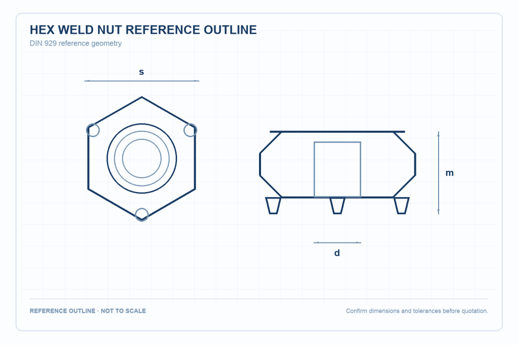 304 Stainless Steel Hex Weld Nut technical drawing