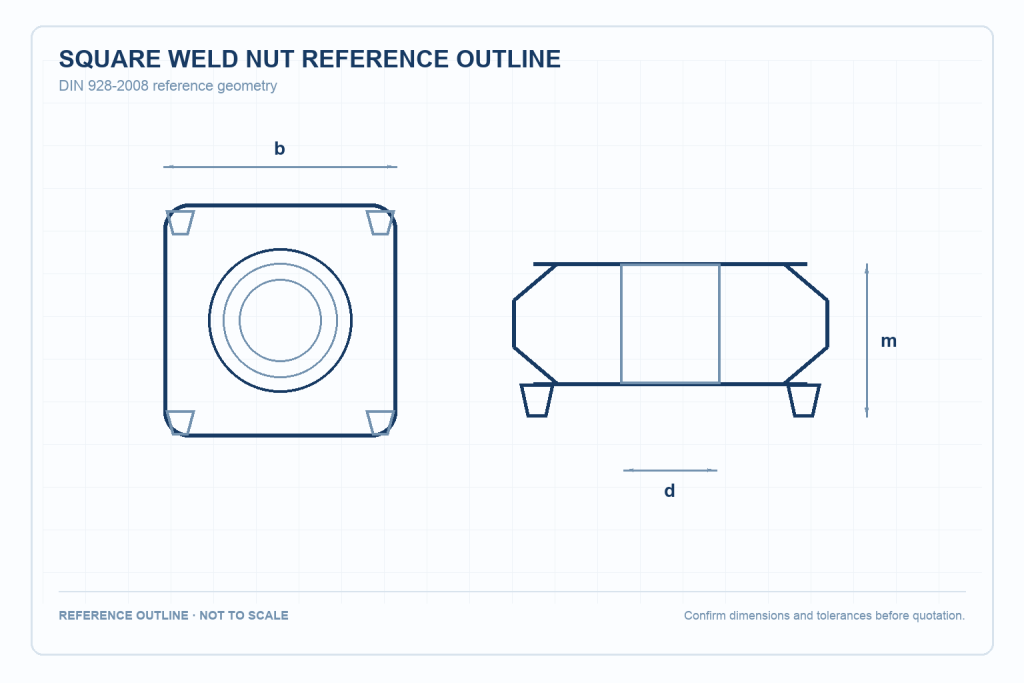 304 Stainless Steel Square Weld Nut technical drawing